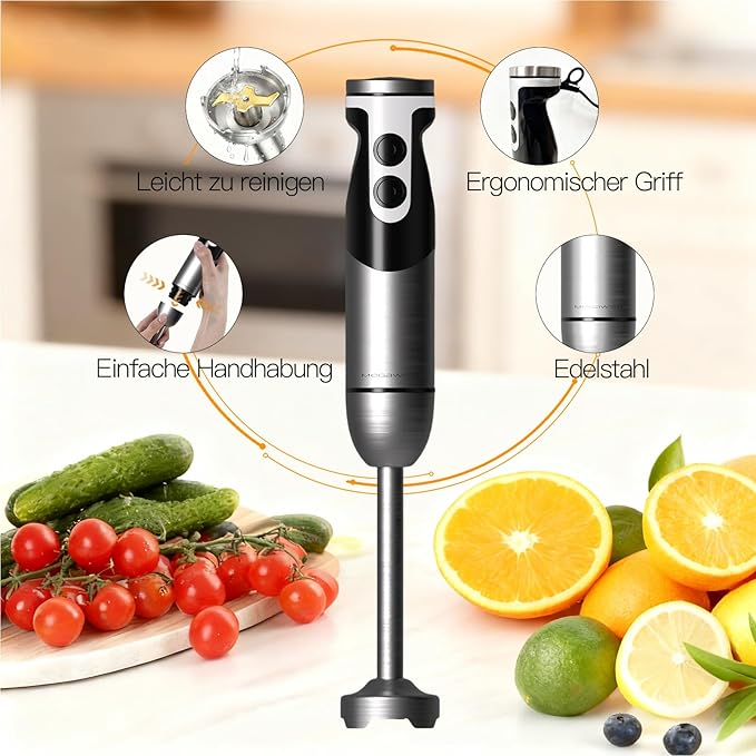 MegaWise Blender Handheld 12-Speed Stainless Steel Electric Hand Blender, 5 in 1 Immersion Handheld Blender，Titanium Blades Hand Blender, Milk Frother Wand,with 600ml Whisk Beaker and Chopper (black)