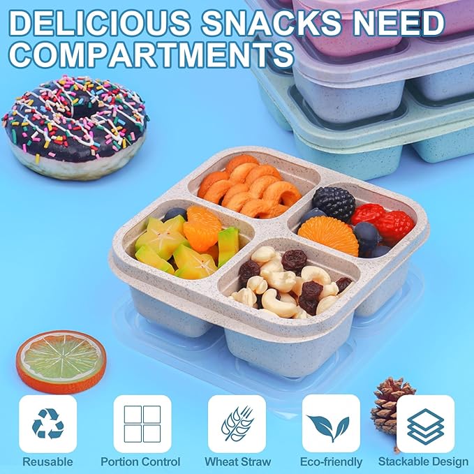 4 Pack Snack Containers, 4 Compartments Snack Box Containers with Lids, Reusable Meal Prep Lunchable Container for Adults, Microwave Dishwasher Safe, Divided Food Storage Containers for Work Travel