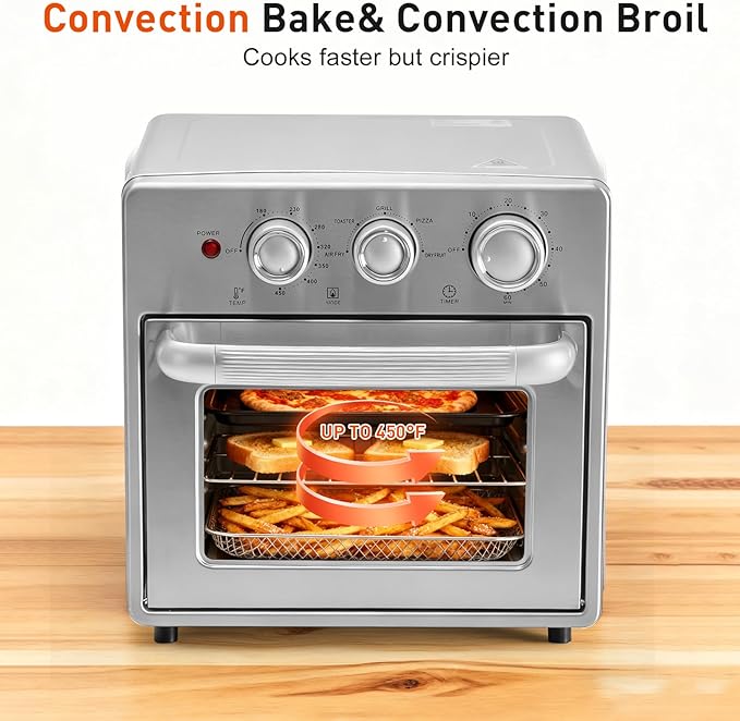 OLIXIS Air Fryer Toaster Oven Combo, 16.9QT Oven Countertop 5 Functions in 1, 4 Accessories Included, Stainless, Up to 450°F