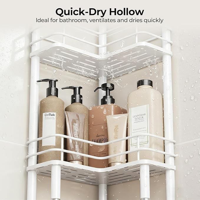 Orimade Rustproof 4 Tier Floor Standing Corner Shower Caddy Organizer with Toothbrush Holder, Large Spacing Floor Shower Shelf Rack Storage Stands with Hooks for Bathroom Kitchen, White
