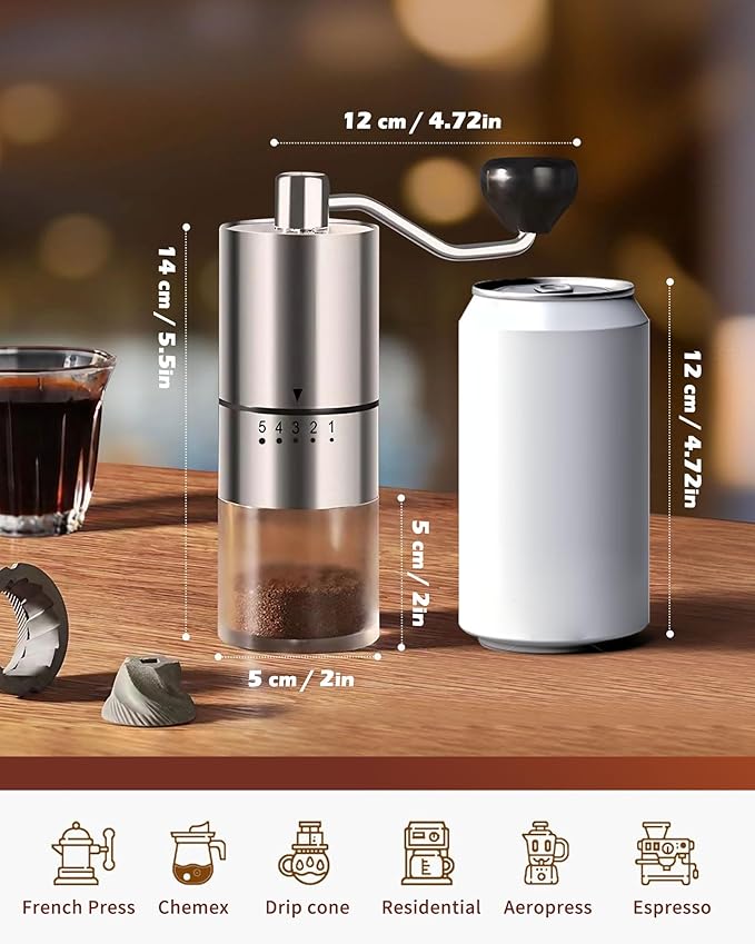 Stainless Steel Burr Manual Coffee Grinder For Drip,French Press,5 Adjustable Settings,Hand Mill with Built-In Burr,For Home Use and Camping (Stainless Steel burr-Sliver)