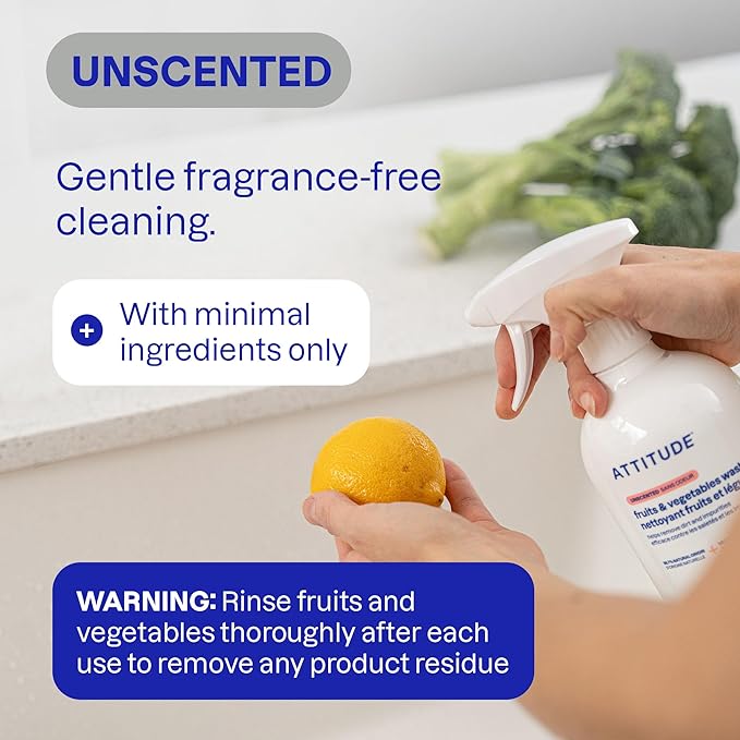 Bundle of ATTITUDE Fruit and Vegetable Wash, Removes Wax, Dirt and Impurities, Plant- and Mineral-Based, Vegan, Unscented, 27.1 Fl Oz + Bulk Refill, 67.6 Fl Oz