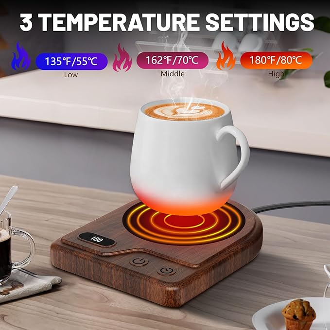 Mug Warmer, Coffee Mug Warmer with 3 Adjustable Temperature Settings, Coffee Warmer 2-12 Auto Shutoff, Digital Display Coffee Cup Warmer for Desk, Wood Grain Texture Mug Warmer for Desk Gift Choice