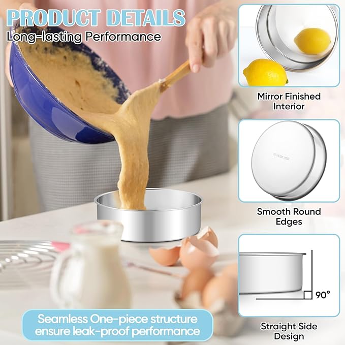 TeamFar 6 Inch Cake Pan, 2 Pcs Round Tier Cake Pan Set Stainless Steel for Baking Steaming Serving, Fit in Oven Pot Air Fryer, Healthy & Heavy Duty, Mirror Finish & Easy Clean, Dishwasher Safe
