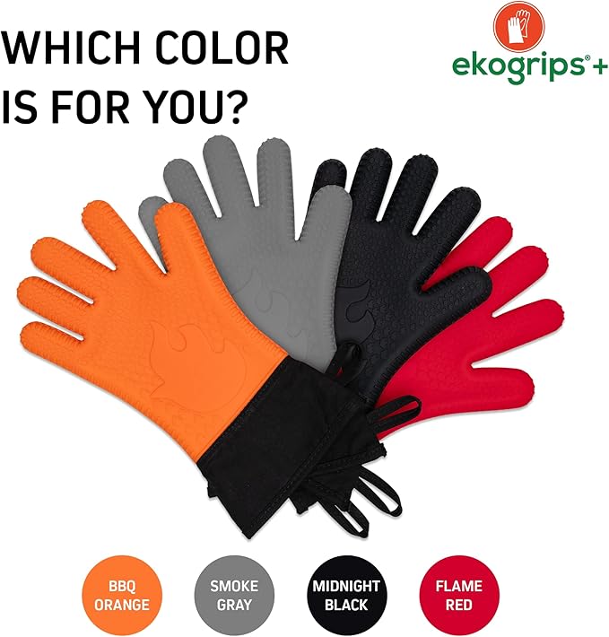 Ekogrips Plus Oven Gloves with Fingers, Comfy Waterproof Silicone Oven Mitts Heat Resistant with Long Cuff, Insulated BBQ Gloves Perfect for Grilling, Baking, Smoker, Canning, and Pizza, Orange, OSFM