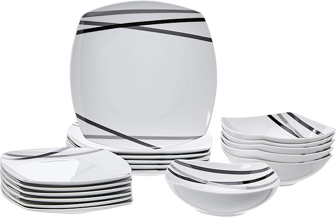 Amazon Basics 18 Piece Kitchen Dinnerware Set, Dishwasher and Microwave Safe, Square Plates, Bowls, Service for 6, Modern Beams
