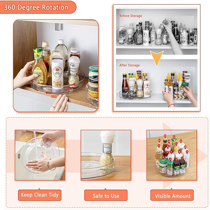 Roninkier Lazy-Susan Spice Rack Organizer - Rotating Storage Turntable for Kitchen, Pantry, Cabinet, Refrigerator, Countertop