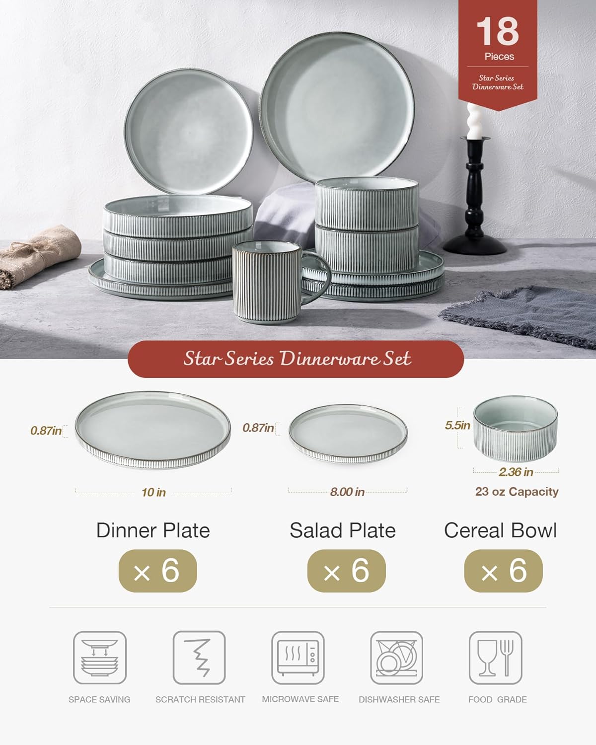 Famiware Star Plates and Bowls Sets, Modern Stoneware Dinnerware Sets for 6, 18-Piece Kitchen Dish Set - Chip and Scratch Resistant, Microwave and Dishwasher Safe Tableware, Smoky Blue