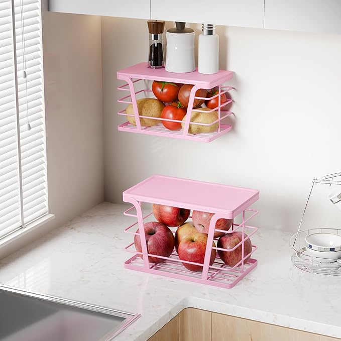 2 Pack Pink Trash Bag Holder - Stackable Garbage Bag Dispenser with Bamboo Top, Kitchen Accessories & Decor, Wall Mount Storage for Kitchen, Home, Bathroom Decor & Gifts