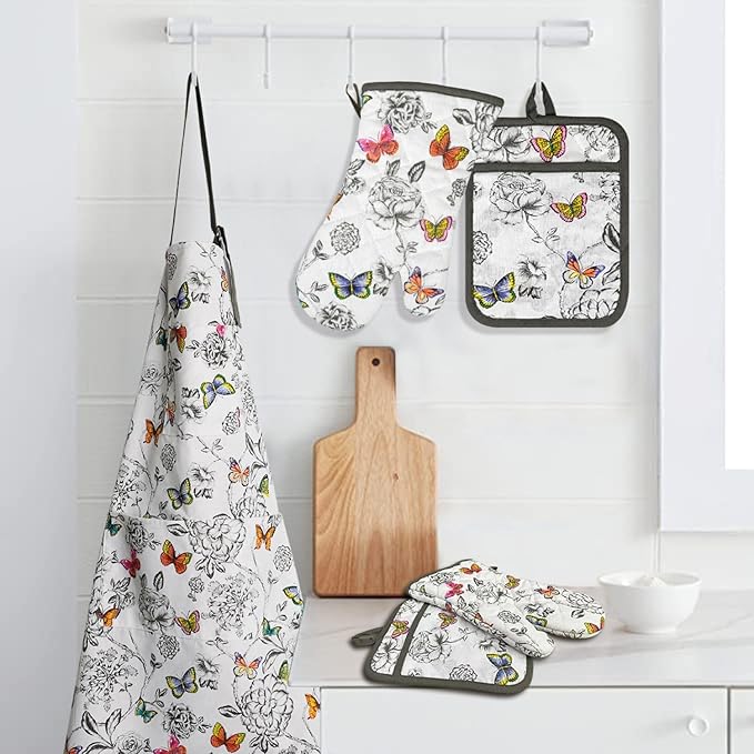 Alselo Oven Mitts and Pot Holders with Chaf Apron,Set of 5 Heat Resistant Kitchen Gloves and Silicone Non-Slip Potholders Adjustable Neck Buckle Apron, Cotton Nice Design for Cooking (Butterfly)
