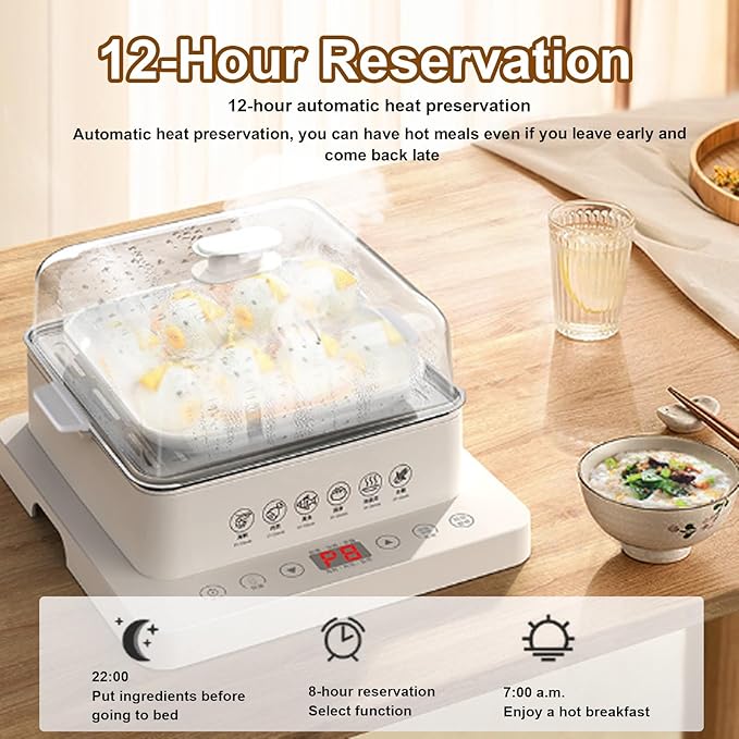 Food Steamer,40l,360° Steam Cycle Electric Steamer,with 3 Stainless Steel Steaming Plates,A Pair of Heat Insulating Gloves,12 Hour Reservation,6 Preset Modes