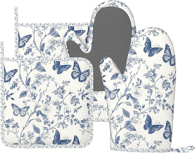 Oven Mitts and Pot Holders Butterfly Flower Vintage Blue Silicone Kitchen Accessories Set of 4 Heat Resistant Long Gloves Potholder Non-Slip Grip for Chef Cooking Baking Grilling BBQ