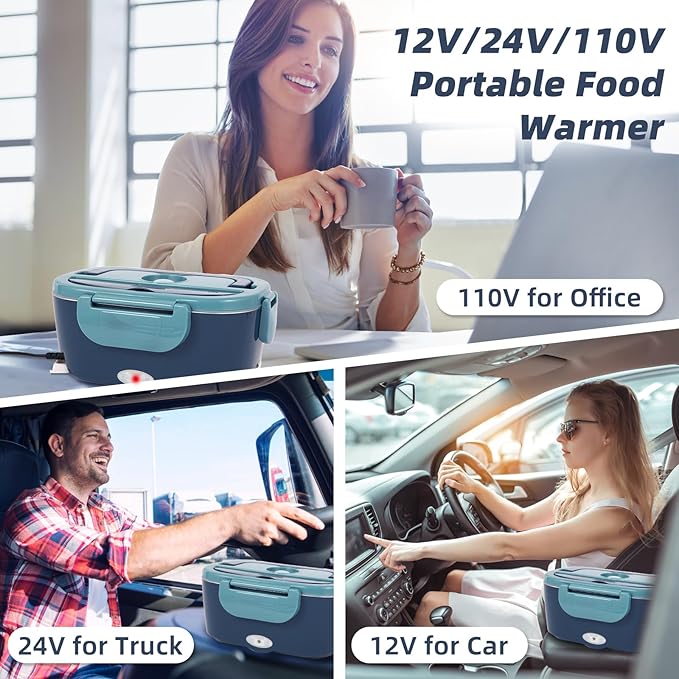 SOHIDA Electric Lunch Box, 12V/24V/110V Portable Food Warmer with SS Fork & Spoon for Car/Truck/Office, 80W Self Heating Lunch Box with 1.5L 304 Stainless Steel Container & 0.45L PP Fruit Box Blue