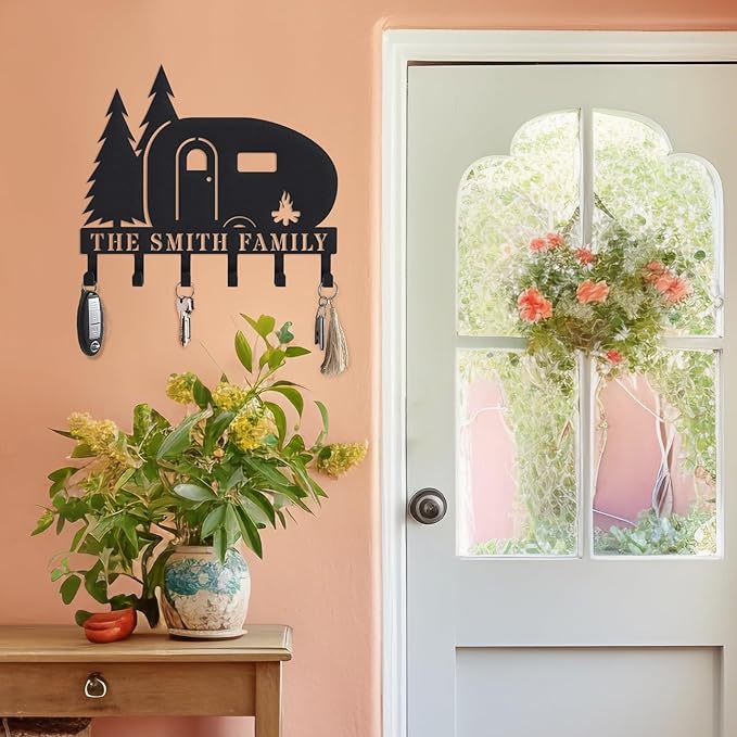 Personalized Camper Key Holder for Wall Custom Key Rack with Hooks RV Key Hanger for Entryway Camper Wall Decor Custom Name Key Organizer