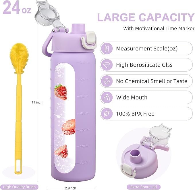 chunmo 24 oz Glass Water Bottles with 2 Lids-Handle Spout Lid & Straw Lid, Motivational Water Bottle with Time Marker and Silicone Sleeve,Leakproof-Purple-1 Pack