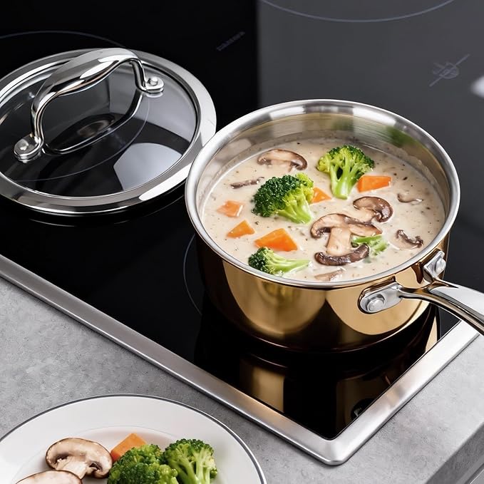 Macevia Sauce Pan with Glass Lid, 18/10 Stainless Steel Pot with Stay-Cool Handle, For All Stoves Multipurpose Use for Home Kitchen or Restaurant (1 Quart)- Rose Gold