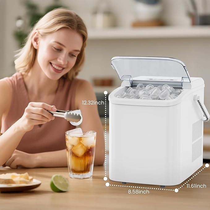 DUMOS Countertop Ice Maker with Handle, 26lbs/24H Portable Ice Machine, 9 Bullet Ice Cubes Ready in 6 Mins, Self-Cleaning, Quiet Compact Ice Maker for Home, Kitchen, RV, Camping, White