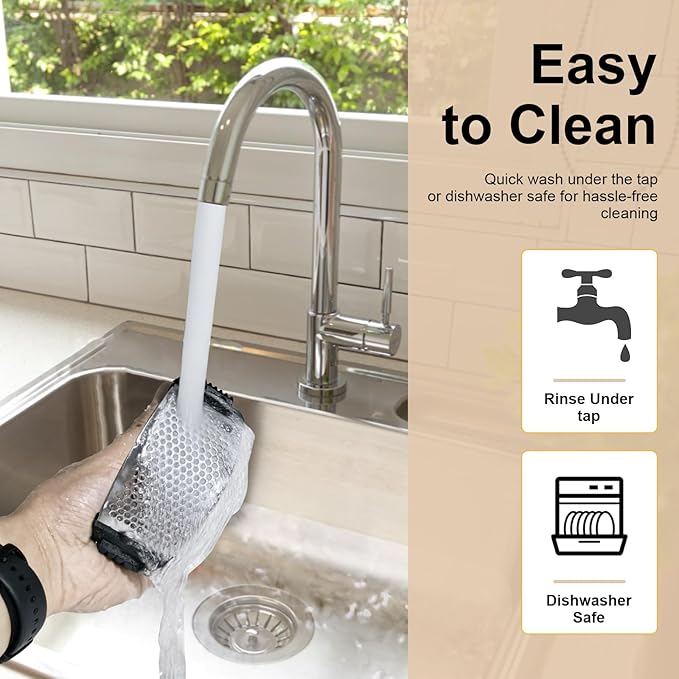 Garlic Press Rocker - Stainless Steel Garlic Mincer, Garlic Chopper, Garlic Crusher with Garlic Peeler and Cleaning Brush for Effortless Smashing Garlic.