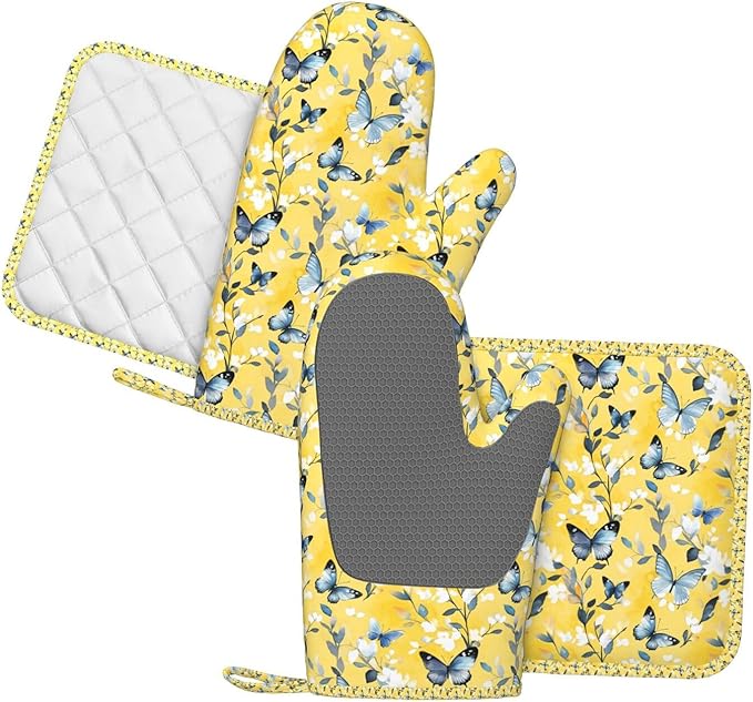 Oven Mitts and Pot Holders Watercolor Pastel Butterfly Flower Silicone Kitchen Accessories Set of 4 Heat Resistant Long Gloves Potholder Non-Slip Grip for Chef Cooking Baking Grilling BBQ