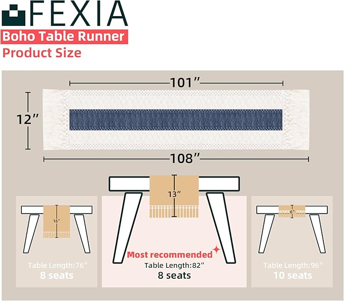 FEXIA Boho Table Runner 108 Inches Long for Home Decor Farmhouse Table Runner Cream & Blue Rustic Macrame with Tassels for Bohemian Dining Bedroom Decor Bridal Shower (12x108 Inches)