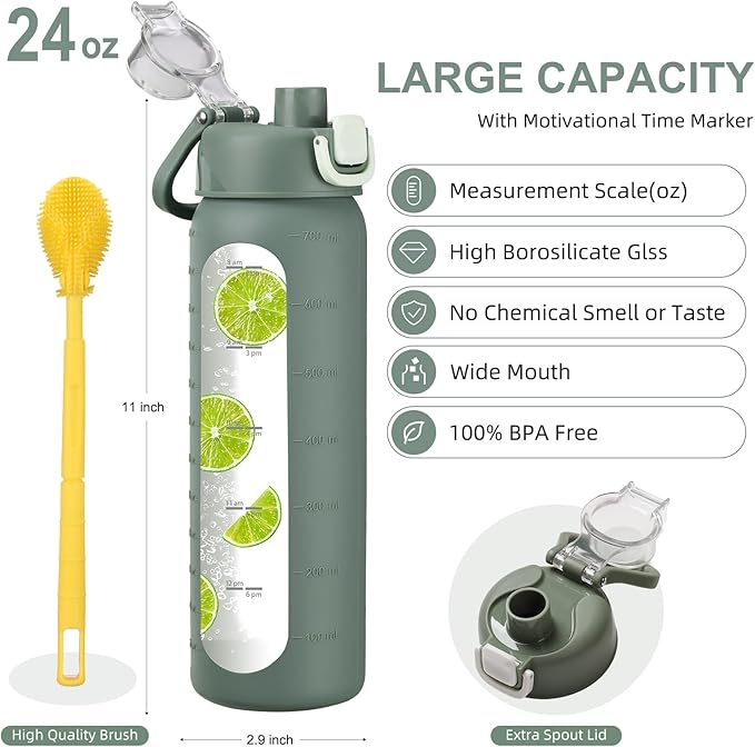 chunmo 24 oz Glass Water Bottle with 2 Lids-Handle Spout Lid & Straw Lid, Motivational Water Bottle with Time Marker and Silicone Sleeve,Leakproof-Olive-1 Pack