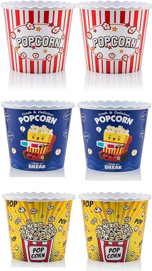 Modern Style Reusable Plastic Popcorn Box/Popcorn Containers/Popcorn Bowls Set for Movie Theater Night - (BPA Free - 6 Pack-75 oz) (6, MIX)