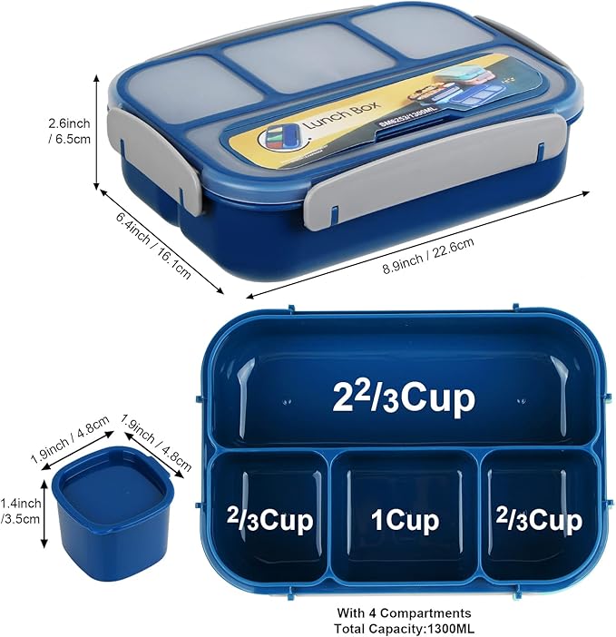 MaMix Bento Box Adult, Lunch Box Kids, Lunch Containers for Adults/Kids/Students,1300ML-4 Compartment Bento Box (blue)