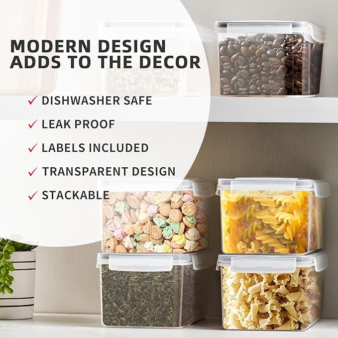 Airtight Food Storage Containers with Lids, BPA-Free Plastic Canisters for Pasta, Spaghetti & Kitchen Pantry Organization 4pcs (3.2L)