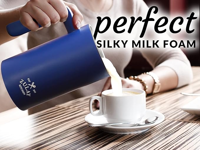 Zulay 4-in-1 Milk Frother & Steamer – Automatic Hot & Cold Foam Maker, Milk Warmer & Chocolate Mixer – 10oz/300ml Capacity, Nonstick Stainless Steel Interior, Quiet One-Touch Operation – Blue