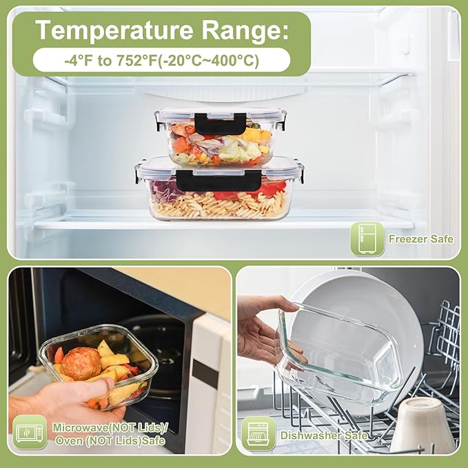 Liuruiyu 8 Pack Glass Food Storage Containers with Lids, Meal Prep Containers, Airtight Bento Boxes with Leak Proof Locking for Microwave, Oven, Freezer and Dishwasher, BPA Free