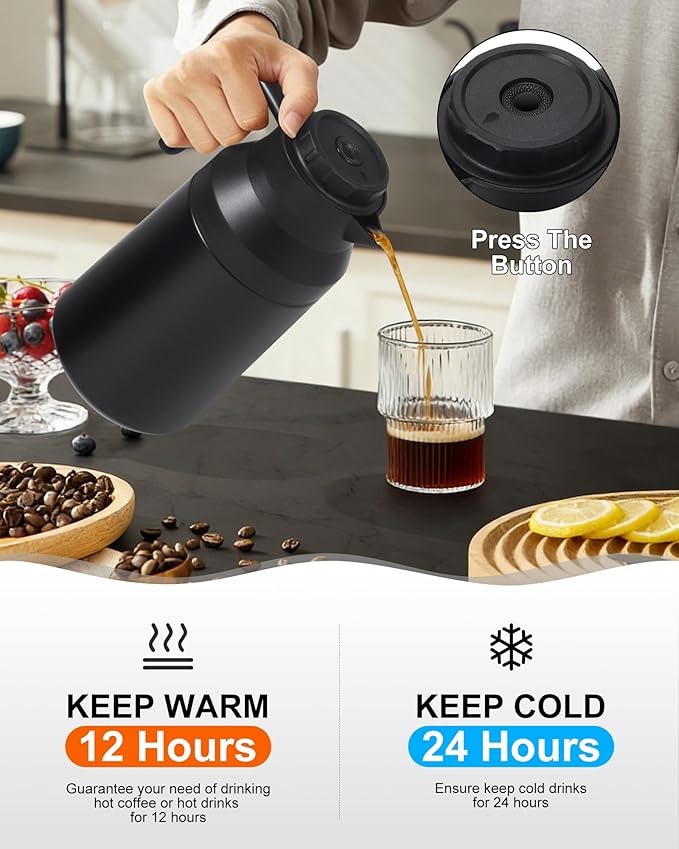 Thermal Coffee Carafe Insulated Stainless Steel Coffee Carafe for Hot Liquid Vacuum Thermal Pot Creamer Pitcher Dispenser Keeping Hot Water Milk (Black 68 oz)