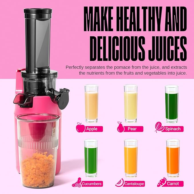 Ventray Ginnie Mini Cold Press Juicer, Small Slow Masticating Juicer for Vegetables and Fruits, High Juice Yield, Easy to Clean, Space-Saving, Fit for Personal/Travel/Picnic/Office - Pink