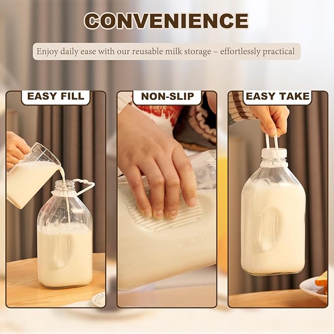 FyndraX Glass Milk Jugs Bottles - Half Gallon / 2Qt Container Pitcher with Airtight Screw Lids and Handle for Milk, Breastmilk, Juice, Iced Tea, Cold Water, 64 OZ Set of 2