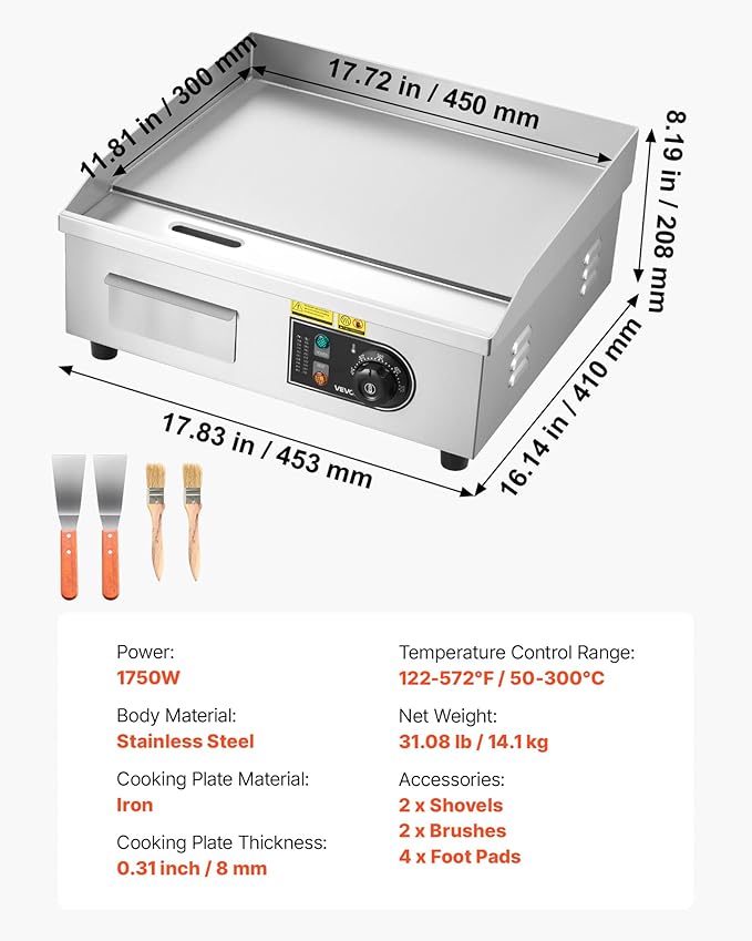 VEVOR Commercial Electric Griddle, 17.72 x 11.81 inch, 1750W, 122-570°F Adjustable Temp Control, Stainless Steel Countertop Flat Top Grill with 2 Spatulas, 2 Brushes, and 4 Foot Pads, for Steak