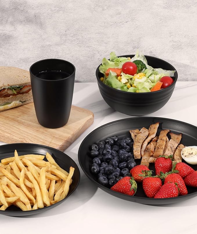 Quatish 32 Piece Plates and Bowls Sets for 8, Unbreakable Dinnerware Sets, Dish Set for Camping, Dishwasher Microwave Safe, Outdoor Kitchen and Apartment Dinning RV Essentials, Black