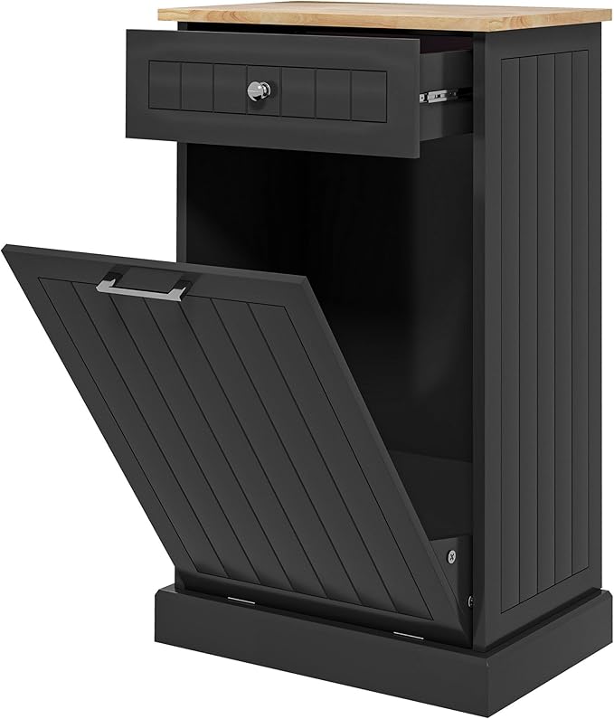 HRVEOCEI Single Tilt Out Trash Can Cabinet for 10 Gallon, Trash Can Holder Cabinet with Drawer, Farmhouse Garbage Cabinets for Kitchen Living Room, Easy to Clean (Black)