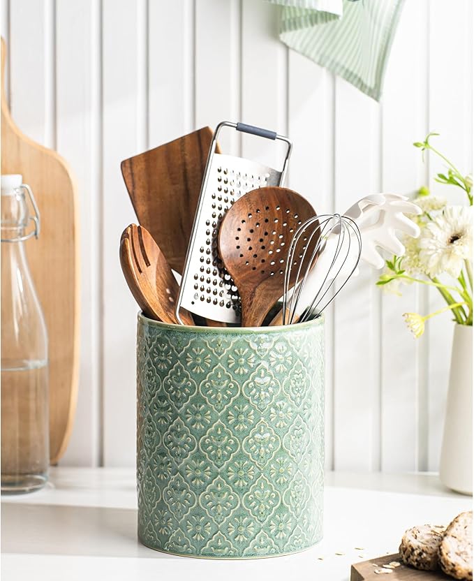 Kitchen Utensil Holder, 6x7 inch Large Ceramic Utensil Holder with Embossed Pattern, Cooking Utensil Crocks for Kitchen Countertop, Home Decor, Forest Green
