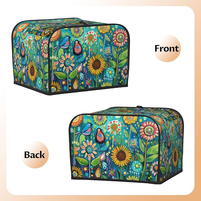 Folk Art Birds Flower Covers for Toasters 4 Slice,Cute Funny Bread Machine Cover with Handle,Washable Stain Resistant Kitchen Small Appliance Cover Dining Decor