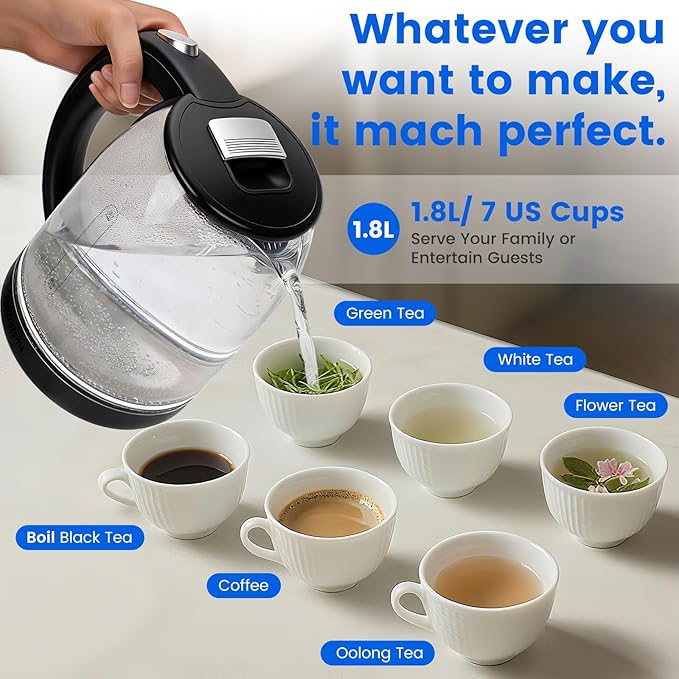 Household Electric Kettle, All 304 Stainless steel and No Plastic Contact, Automatic Shut-off,Borosilicate glass Visual Boiling, 2.0L Water Boiler & Tea Kettle Perfect For Tea & Coffee (Black)