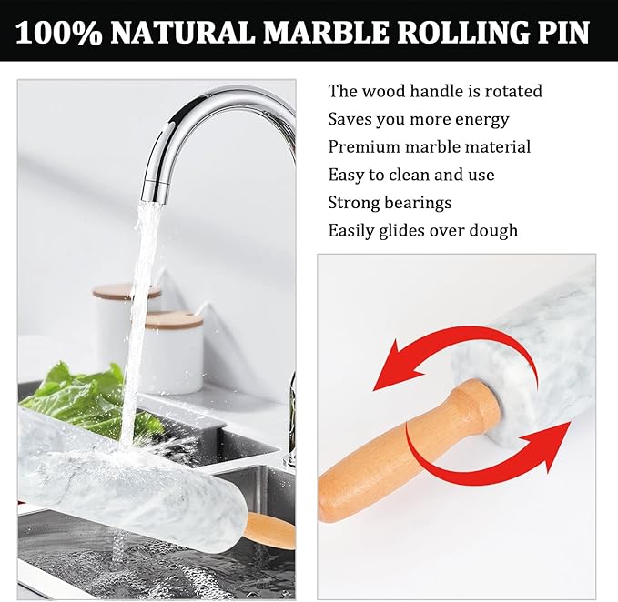 3Pcs Marble Rolling Pin Sets,15Inch Marble Pastry Dough Roller with Wooden Handle,Silicone Mat,Cradle and Brush, Non Stick Surface Rolling Pins for Dough Cookie Baking Supplies Kitchen Accessories