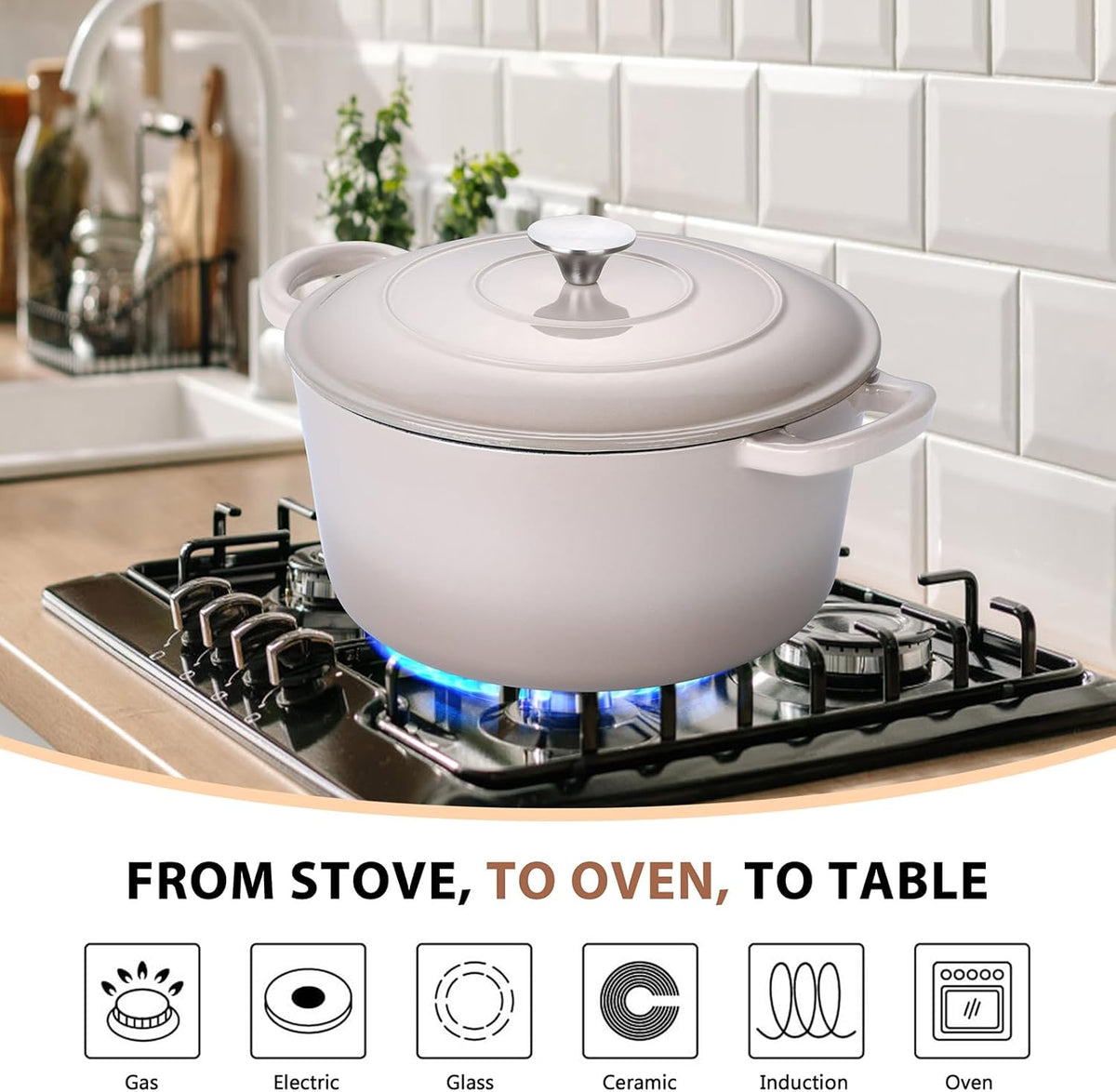 E-far 6 Quart Enameled Cast Iron Dutch Oven, Round Dutch Oven Pot with Lid, Nonstick Cookware for Braising/Stews/Roasting/Bread Baking/Cooking, Heavy Duty, Induction & Oven Safe - Khaki