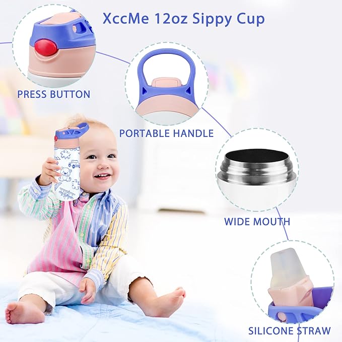Kids Sublimation Tumbler,12oz Sublimation Water Bottle Blanks,Straight Stainless Steel Todder Sippy Cup,Double Wall Insulated Sippy Tumbler with Handle,Shrink Films,Leak Proof (Purple)