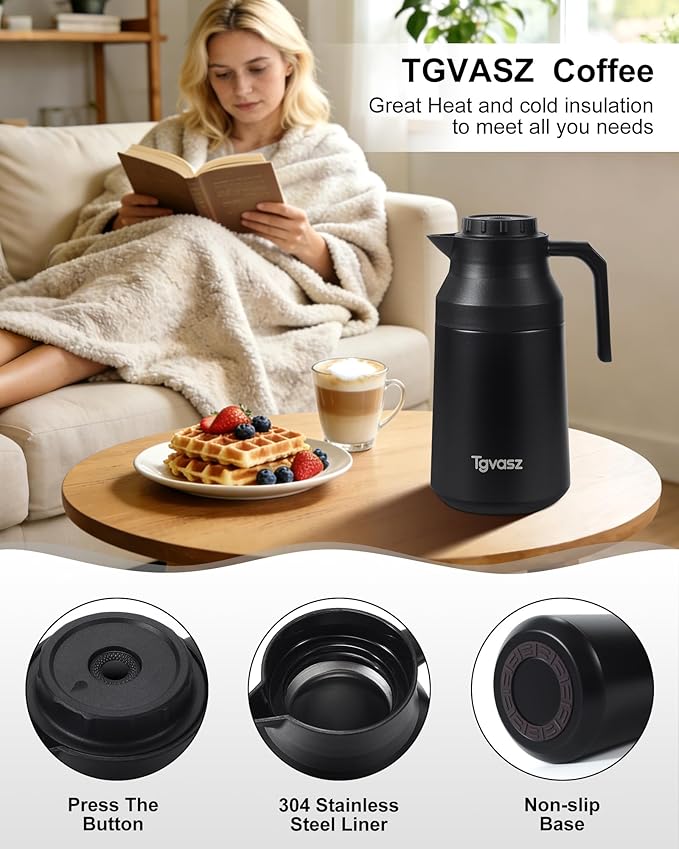 2 PCS Thermal Coffee Carafe Insulated Stainless Steel Coffee Carafe for Hot Liquid Vacuum Thermal Pot Creamer Pitcher Dispenser Keeping Hot Water Milk(Black/Black 68 oz)