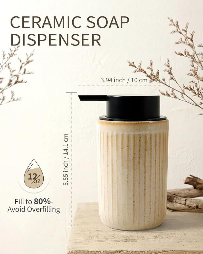 BosilunLife Foam Hand Soap Dispenser - Ceramic Foaming Soap Dispenser for Bathroom 12oz Refillable Liquid Lotion Soap Dispenser with Rust-Proof Foaming Pump for Countertop, Greige