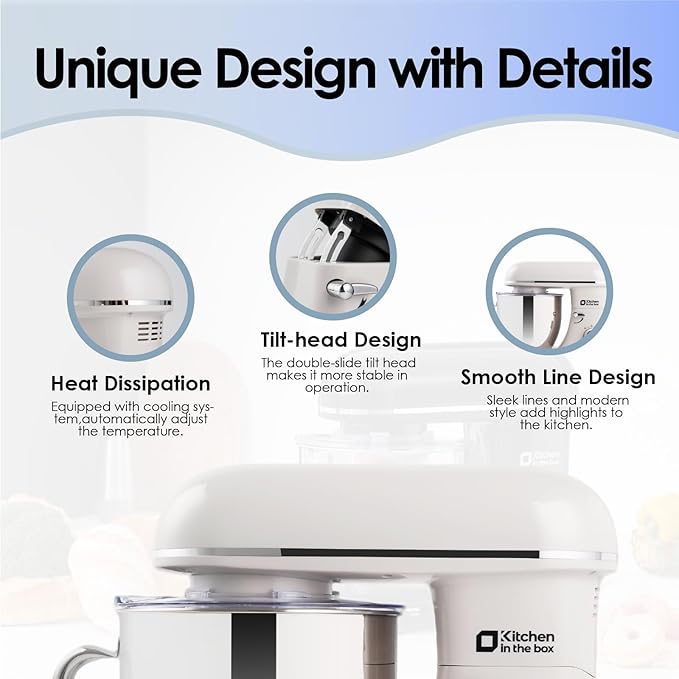 Kitchen in the box Stand Mixer - 6.5 Quart Mixing Bowl with Handle, 900 Watt Heavy Bread Dough Standing Mixers Tilt-head with Dough Hook, Whisk, Flat Beater and Splash Guard (Cream)
