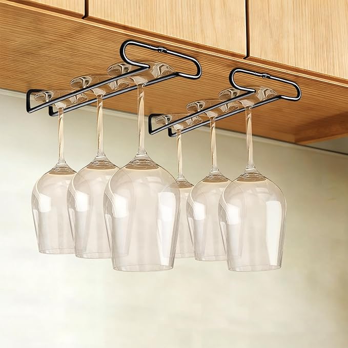 GeLive 10 Inch Under Cabinet Wine Glass Rack Stemware Holder Glass Storage Hanger Organizer for Kitchen and Bar Set of 2 (Black)