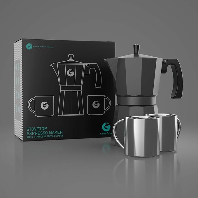 Coffee Gator Moka Pot - 6 Cup, 12oz Stovetop Espresso Maker - Classic Italian and Cuban Coffee Percolator w/ 2 Stainless-Steel Cups – Matte Grey Aluminum, 360ml