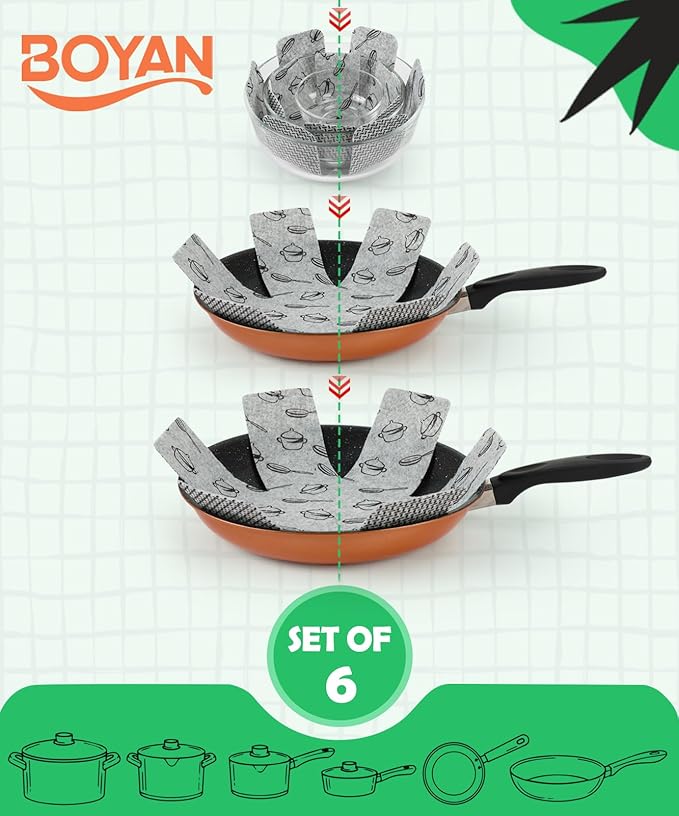 BOYAN Pot and Pan Protectors for Stacking, Set of 6 & 3 Sizes, Felt Pan Separators Dividers Pads for Space Saving, Pot Protectors for Stacking and Protecting Your Cookware