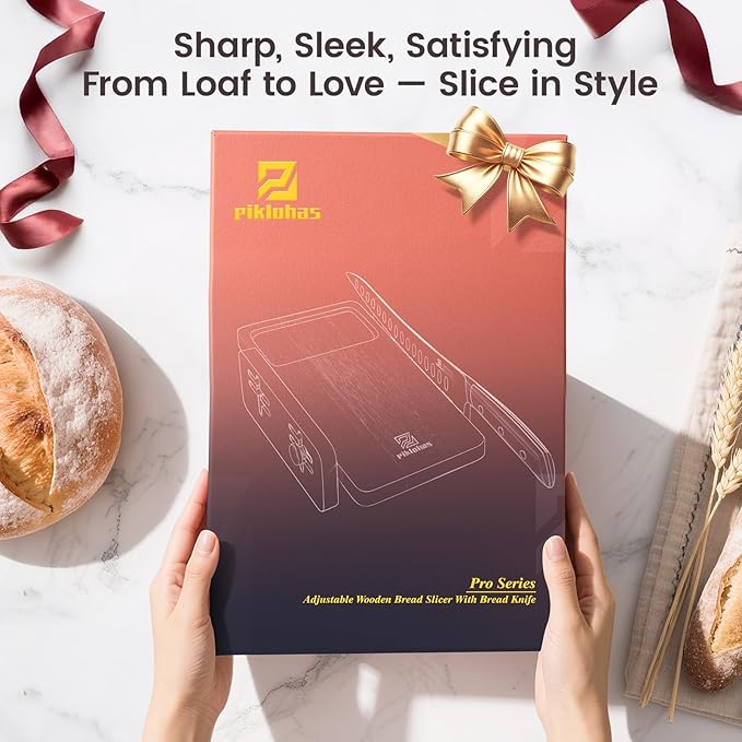 Piklohas Bread Slicer With Bread knife, World's 1st Horizontal Bread Cutter for Homemade Bread, 4 Thickness Adjustable, Paired With Multifunction Serrated Knife for Efficient Slicing, Baking Gifts