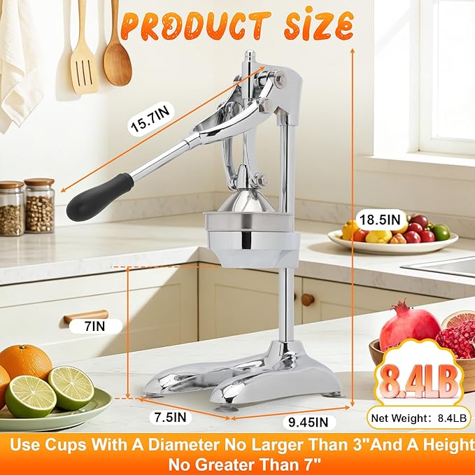 Manual Juicer, Hand-Pressed Effortless Citrus Squeezer, Heavy-Duty Professional Stainless Steel Juicer Suitable For Oranges, Lemons, Grapefruits Removable Filter Basket For Easy Cleaning